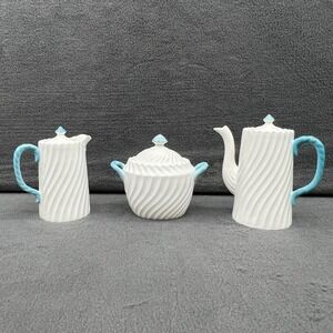 Aynsley England WHITE SWIRL/ Aqua blue creamer, Sugar & Tea/ Coffee Pot. Vintage